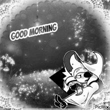 a black and white drawing of a cartoon character with the words good morning