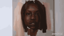 a close up of a painting of a woman 's face on a white background .