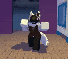 a cartoon character in a top hat and vest is standing on a tiled floor