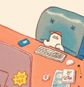 a cartoon of a duck sitting on a desk with a duck off sign