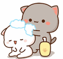a cartoon cat is washing another cat 's head with a bottle of shampoo .