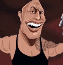 a cartoon man with a tattoo on his arm is smiling and holding a barbell .