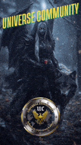a poster of a woman standing next to a wolf that says universe community