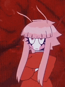 a cartoon character with long pink hair and glasses is standing in front of a red wall .