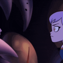 a couple of cartoon characters looking at each other with a purple background