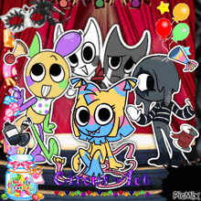 a group of cartoon characters standing next to each other with a jar of sweety candy in the background