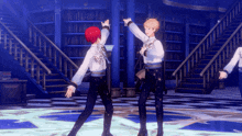 a couple of anime characters are dancing in a room