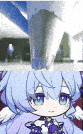 a cartoon of a girl with a purple dress and blue hair
