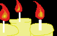 a pixel art drawing of three lit candles with a heart in the background