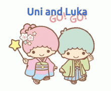 a picture of a boy and a girl with the words go uni and luka