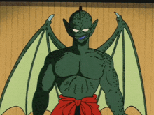 a cartoon drawing of a green monster with wings and a red sash around his waist