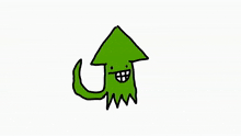 a cartoon drawing of a green squid with a long tail and a smile on its face .