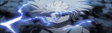 a cartoon character with white hair and blue lightning coming from his head