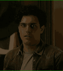 a young man wearing a denim jacket and a white shirt is looking at the camera .