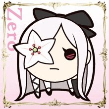a cartoon drawing of a girl with a flower in her hair and the word zero on the bottom right