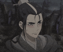 a black and white drawing of a man with long hair and a bun on his head
