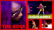 a collage of sasha banks wrestling images on a purple background