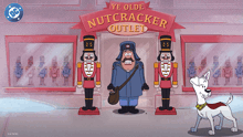 a cartoon of a nutcracker outlet with a dog standing in front of it