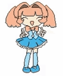 a pixel art drawing of a girl in a blue dress and blue socks .