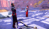 a man in a red robe stands next to a crossbow in a video game