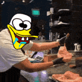 a cartoon of a duck holding a piece of meat
