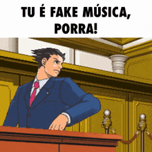 a man in a suit and tie is standing at a podium with the words tu e fake musica porra