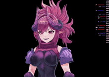 a screenshot of a video game character with a purple hair