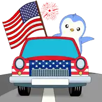 a penguin is sitting in a car with an american flag and fireworks