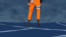a cartoon character in orange pants is standing on a beach .