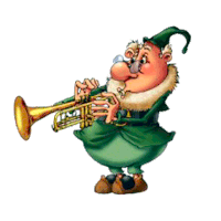 a cartoon gnome is playing a trumpet with a white background
