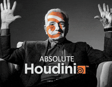 a man in a suit sits in a chair with his hands in the air and the words absolute houdini on the bottom