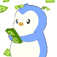 a blue and white penguin holding a stack of money with a dollar sign on it