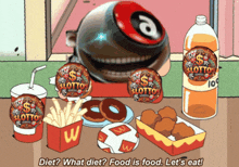 diet what diet food is food let 's eat written on a cartoon