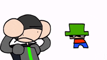 a cartoon of a man covering his ears and a cartoon of a man with a green hat .