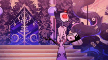 a cartoon character is holding a book in front of a gate