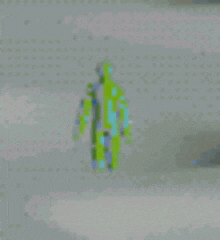 a pixel art of a person in a green and blue outfit standing on a white surface .