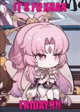 a cartoon girl with pink hair and the words it 's fu xuan friday