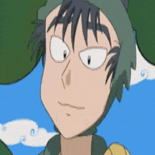 a cartoon character is wearing a green hat