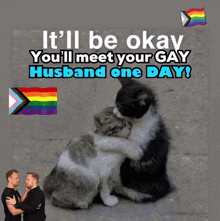 a picture of two cats hugging with the words " it 'll be okay you 'll meet your gay husband one day " above them
