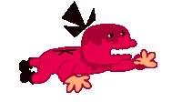 a red cartoon character with a black triangle on his head is laying on the floor .