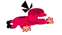 a red cartoon character with a black triangle on his head is laying on the floor .