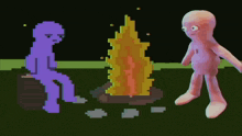 a pixel art of a purple and pink figure standing next to a fire