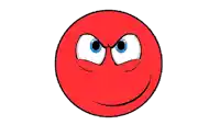a red cartoon smiley face with blue eyes