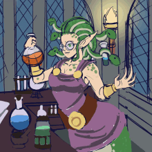 a drawing of a medusa holding a beaker of liquid