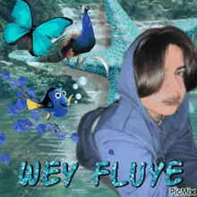a woman in a blue hoodie is surrounded by butterflies and the words wey fluye