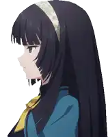 a girl with long black hair wearing a blue shirt and a yellow tie