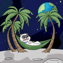 a cartoon of a panda laying in a hammock between palm trees