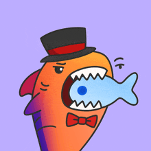 a cartoon shark wearing a top hat and bow tie is eating a fish