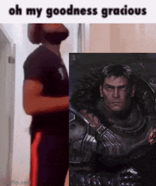 a man with a beard stands next to a picture of a man in armor