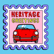 a postage stamp with a red car on it and the words heritage greetings